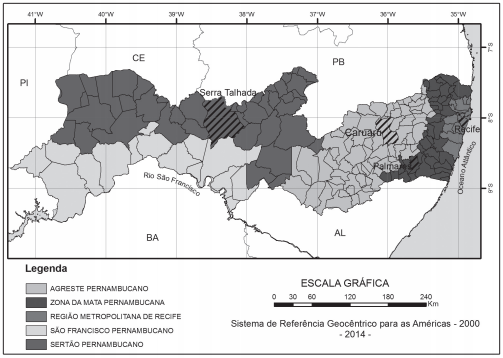 Localização geográfica das mesorregiões do estado de Pernambuco.