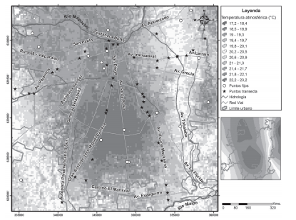 Distribuci&oacute;n espacial de la temperatura del aire a las 9 hrs. de un d&iacute;a de verano