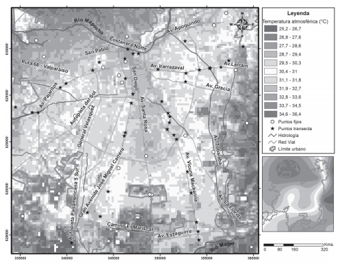Distribuci&oacute;n espacial de la temperatura del aire a las 16 hrs. de un d&iacute;a de verano