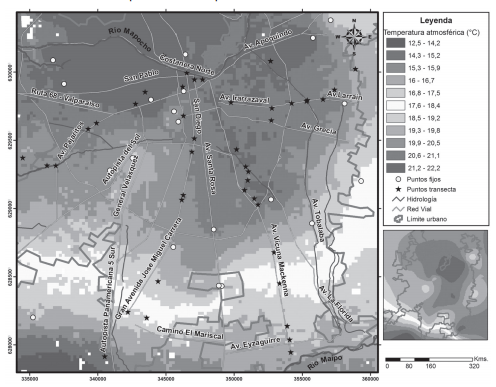 Distribuci&oacute;n espacial de la temperatura del aire a las 22 hrs. de un d&iacute;a de verano