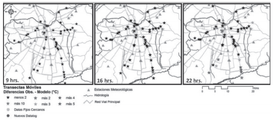 Diferencias encontradas entre los datos de temperatura modelados y los datos observados, en cada punto de las transectos m&oacute;viles realizadas el 21 de enero de 2009