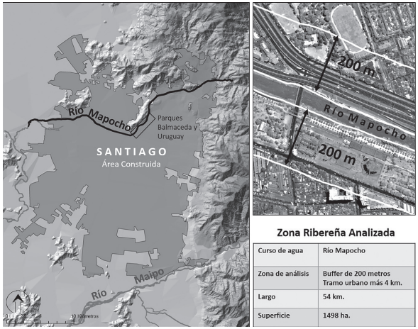 Localización del área de estudio en la ribera del río Mapocho