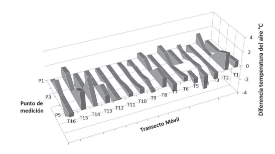 Transectos móviles de temperatura del aire, representados en función de la diferencia de en grados Celsius respecto al punto central localizado sobre el río (P3). Tarde del 11/01/2011
