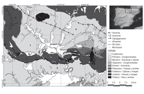 Esquema geol&oacute;gico-litol&oacute;gico de la cuenca de Miranda. 1) cuenca de Miranda; 2) depresi&oacute;n del Ebro; 3) montes Obarenes-Sierra Cantabria; 4) sinclinal Miranda-Trevi&ntilde;o; 5) anticlinal de Sobr&oacute;n.