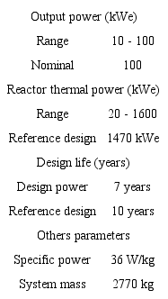 SPAR/SP-100 design parameters.