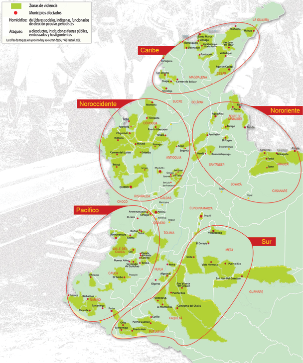 Mapa por regiones: Municipios más afectados por el conflicto armado