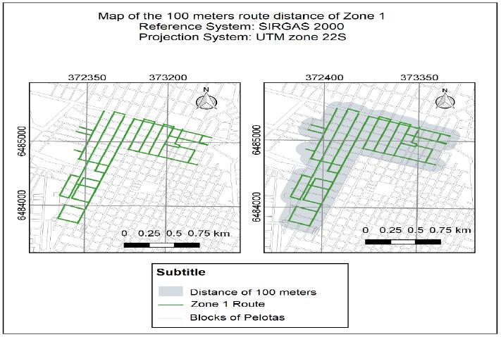 100-meter route distance of the selective collection truck that travels Zone 1.