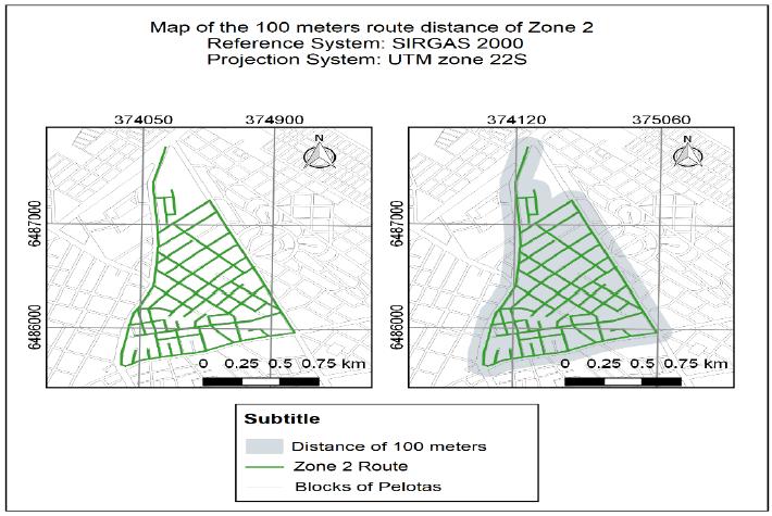 100-meter route distance of the selective collection truck that travels Zone 2.