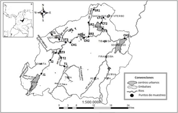 Mapa del &aacute;rea de estudio y puntos de muestreo en la cuenca alta del r&iacute;o Chicamocha. R&iacute;o Jord&aacute;n (J1, J2, J3), R&iacute;o Tuta (T1, T2, T3), R&iacute;o Chicamocha (CH1, CH2, CH3), R&iacute;o Surba (SR1, SR2, SR3), R&iacute;o Chiticuy (CT1, CT2, CT3) y R&iacute;o Sotaquir&aacute; (ST1, ST2, ST3). Fuente: los autores, se autoriza su publicaci&oacute;n.