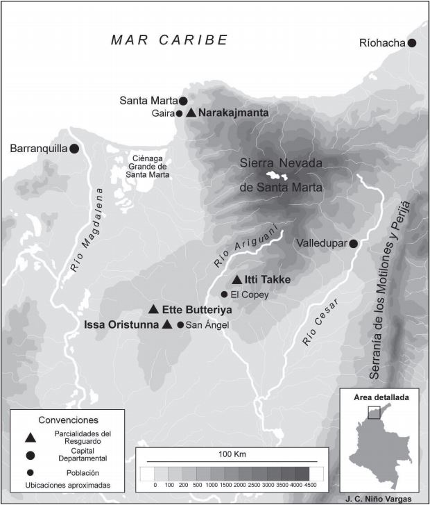 Mapa de los actuales resguardos ette en el norte de Colombia
