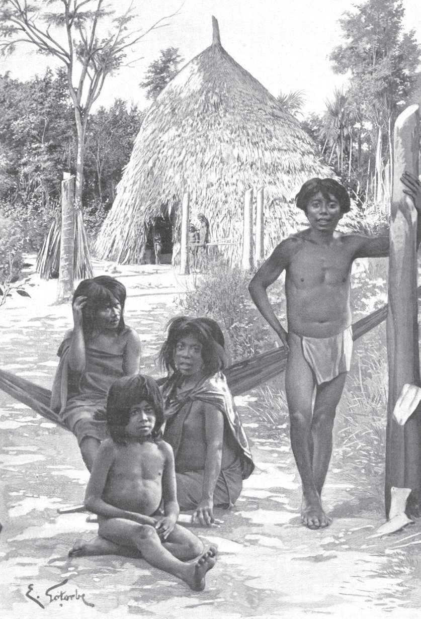 El paisaje arquitectónico pretérito. Una familia frente a una casa.