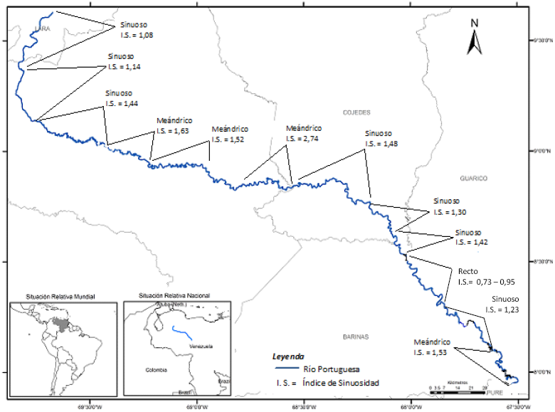 Localizaci&oacute;n relativa de los tramos estudiados, modelos de canal
y valores de &Iacute;ndice de Sinuosidad (IS) del cauce actual del r&iacute;o Portuguesa.