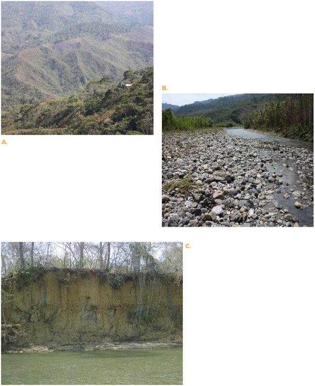 A. Facetas triangulares erosionadas originadas sobre las rocas del
Terciario al sur de la regi&oacute;n de Villa Nueva, margen izquierda del r&iacute;o
Portuguesa (cuenca alta); B.
Barras de canal margen
izquierda formada por clastos de lutita y arenisca,
cerca de la regi&oacute;n de Villa Nueva; C. Afloramiento de la
formaci&oacute;n r&iacute;o Yuca margen izquierda del r&iacute;o Portuguesa, sector El Alambre
(piedemonte andino-llanero).