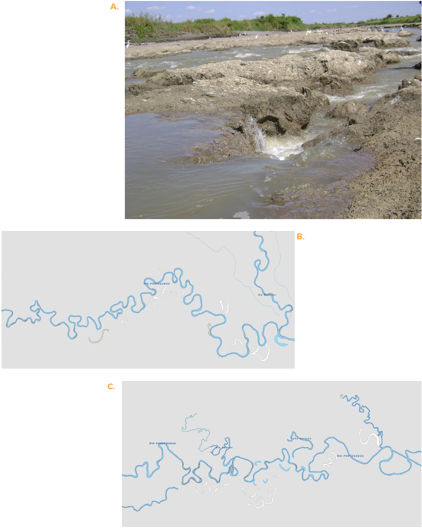 A. Lecho limo-arcilloso del r&iacute;o Portuguesa en el sector La Cascada,
aguas abajo de Nueva Florida; B. tramo me&aacute;ndrico
desembocadura r&iacute;o Boca Morador (Hoja 6343-III-SO), y C. tramo me&aacute;ndrico Nueva Florida (Hoja
6342-I-SE) en la cuenca media alta.