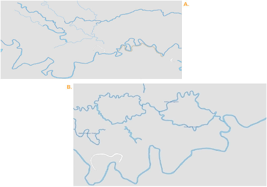A. Tramo de baja sinuosidad transicional a me&aacute;ndrico,
sector La Portuguesa (Hoja 6449-IVSE) y, B. tramo anastomosado, sector
El Barbasco (Hoja 6542-IV-SO) en la cuenca media baja