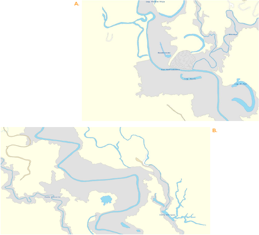 A. Patr&oacute;n de canal recto y paleomeandros
en las cercan&iacute;as de Guadarrama (Hoja 6541-I-SE) y, B. Costa de Rosario (Hoja 6541-II-NE), cuenca baja del r&iacute;o
Portuguesa).