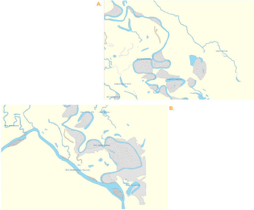 Patr&oacute;n de canal me&aacute;ndrico de la
planicie aluvial del r&iacute;o Portuguesa en la cuenca baja: A. sector La Negra (Hoja 6640-I-SE) y, B. sector El Sombrerito desembocadura del Portuguesa en el r&iacute;o
Apure (Hoja 6639-I-NE)
