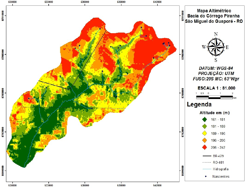 Altimetria e hidrografia da bacia hidrográfica do rio Piranha,
município de São Miguel do Guaporé, (RO)