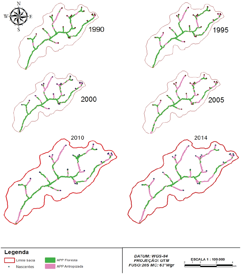 Uso e ocupação do solo em APP na bacia hidrográfica do rio
Piranha, ano 1990 a 2014