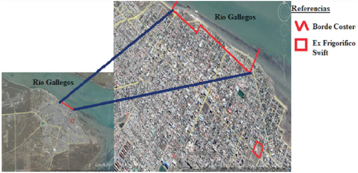  Imágenes tomadas del Google Earth donde
puede observarse en el cuadro izquierdo la ciudad de Río Gallegos, a la derecha
a distinta escala, recorte de la urbe del sector en estudio