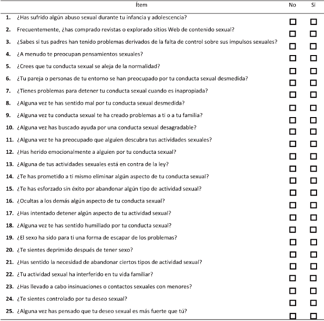 Cuestionario de adicci&oacute;n al sexo (traducido y adaptado por Salusex-Unisexsida)