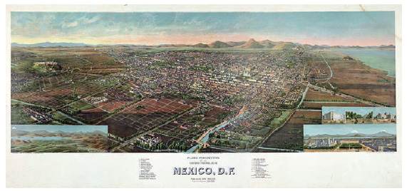 Henry Wellge, Perspective Plan of the City and Valley of Mexico, D.F., 1906, chromolithograph 49 x 105 cm. Courtesy of the University of Arizona Libraries, Special Collections.