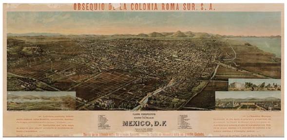 Henry Wellge, Perspective Plan of the City and Valley of Mexico, D.F., 1906, chromolithograph 49 x 105 cm. Courtesy of Barry Lawrence Ruderman Antique Maps, www.raremaps.com