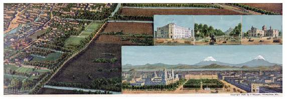 Detail of lower vignette with Zócalo (bottom tier) and National Post Office, the entrance to the Paseo de la Reforma, and the National Library (ex templo de San Agustín) (top tier), chromolithograph. Courtesy of University of Arizona Libraries, Special Collections.