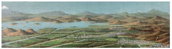 Henry Wellge, Perspective Paln of the City and Valley of Mexico, D.F., 1906. Detail of lower left vignette with lakes Xochimilco and Chalco and flanking towns, chromolithograph. Courtesy of University of Arizona Libraries, Special Collections.