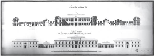 Fachada principal y corte A-B del Palacio Virreinal de la Nueva España. Archivo de la Real Academia de Bellas Artes de San Fernando, Madrid.