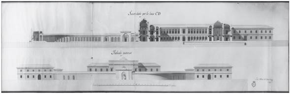 Fachada posterior y corte C-D del Palacio Virreinal de la Nueva España. Archivo de la Real Academia de Bellas Artes de San Fernando, Madrid.