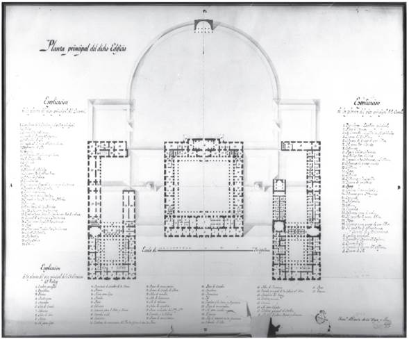 Planta principal del Palacio Virreinal de la Nueva España. Archivo de la Real Academia de Bellas Artes de San Fernando, Madrid.