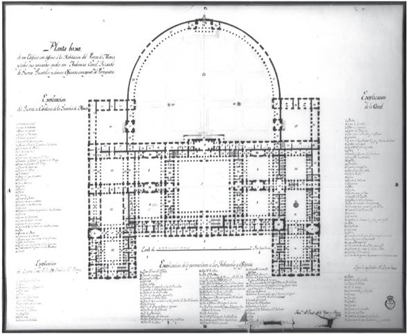 Planta baja del Palacio Virreinal de la Nueva España. Archivo de la Real Academia de Bellas Artes de San Fernando, Madrid.
