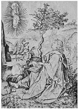 Martin Schongauer, San Juan escribe el Apocalipsis en la isla de Patmos, burril sobre metal, siglo XV. Biblioteca Real de Bruselas, Gabinete de Estampas.