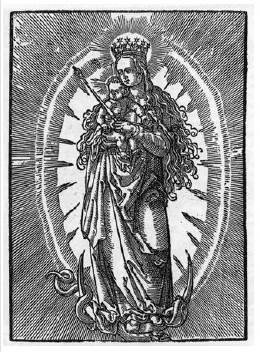 Anton Woensam (atribuido), La Virgen con el Niño,  xilografía impresa en el libro Contra alchonarum  (Colonia: Apud Petrum Quental, 1533). Tomada de Grabados alemanes de la Biblioteca Nacional (siglos XV-XVI), vol. 1 (vid supra n. 20), 511.
