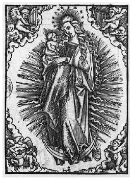 Heinrich Steiner, La Virgen con el Niño, rodeada de ángeles músicos, xilografía, primera mitad del siglo XVI. Tomada de Grabados alemanes de la Biblioteca Nacional (siglos XV-XVI), vol. 1 (vid supra  n. 20), 489.