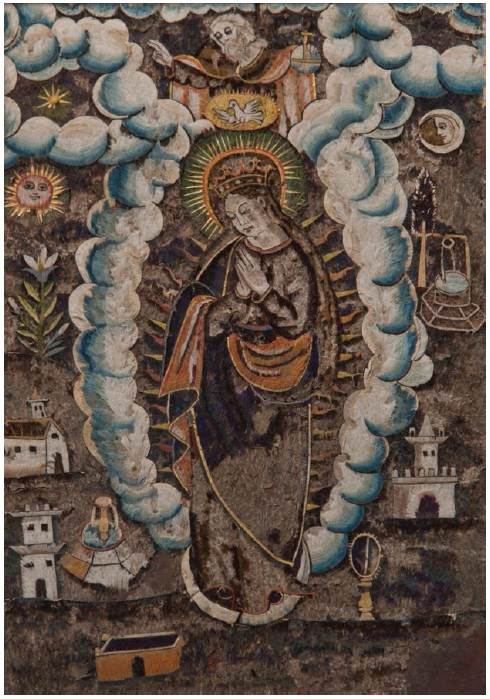 Anónimo, Tota pulchra, arte plumario, sglo XVI.Museo de América, Madrid, núm. de inventario 12331.