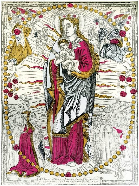 Juan Ortiz, La Virgen del Rosario, 1571, xilografía coloreada, realizado en el taller de Pedro Ocharte. Biblioteca Nacional de México. Tomado de Alexander A.M. Stols, Pedro Ocharte, el tercer impresor mexicano (México: Universidad Nacional Autónoma de México, 1990), lám. 16.