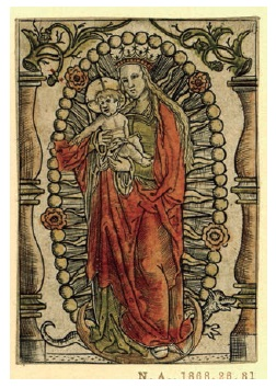 Anónimo, La Virgen del Rosario y el Niño, xilografía coloreada, siglo XV. Londres, British Museum. CC-BY-NCSA 4.0.