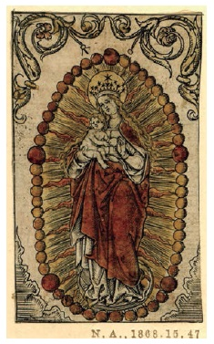 Anónimo, La Virgen del Rosario y el Niño, xilografía coloreada, siglo XV. Londres, British Museum. CC-BY-NCSA 4.0.
