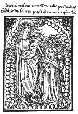 Anónimo, La Virgen del Rosario y el Niño con Santo Domingo, xilografía, siglo XV. Londres, Colección Fotográfica Warburg Institute.