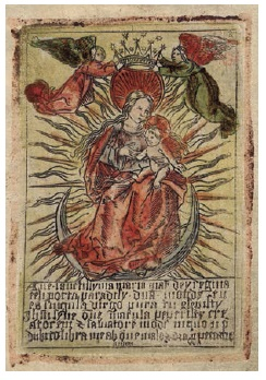 Anónimo, La Virgen y el Niño en gloria, coronada por ángeles, xilografía coloreada, siglo XV. Londres, British Museum. CC-BY-NCSA 4.0.