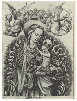 Master Es, La Virgen sobre luna creciente, sosteniendo al Niño, rodeada de un halo de flamas y coronada por ángeles, grabado en metal por Israhel van Meckenem, ca. 1490-1500. Londres, British Museum. CC-BY-NCSA 4.0.