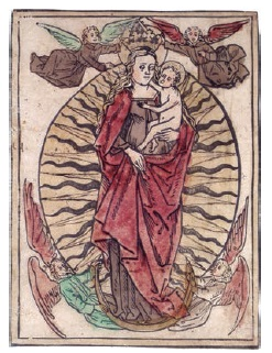 Anónimo, La Virgen y el Niño en gloria, coronada por ángeles, xilografía coloreada, ca. 1475-1490. Viena, Graphische Sammlung Albertina, DG1930/113.