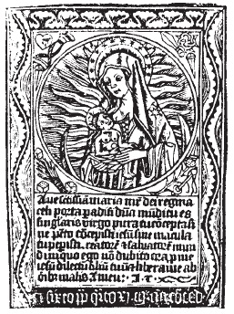 Anónimo, La Virgen y el Niño en gloria con los instrumentos de la pasión, xilografía, siglo XV. Tomada de The German Single-leaf Woodcuts before 1500: Anonymous Artists, de The Illustrated Bartsch, vol. 164 (Nueva York: Abaris Books, 1981), 1053.