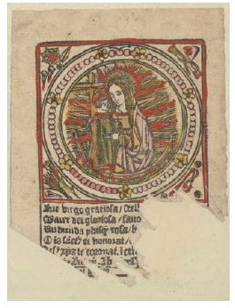 Anónimo, La Virgen y el Niño en gloria con los instrumentos de la pasión, xilografía, siglo XV. Ámsterdam, Rijksmuseum, RP-P-1939-189.
