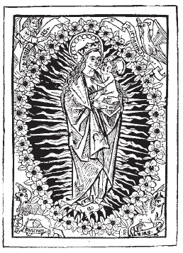 Anónimo, La Virgen y el Niño con los símbolos de los evangelistas, grabado de portada del libro Plenarium(Augsburgo: Johann Schönsperger y Thomas Rüger, 1481). Londres, Colección Fotográfica del Warburg Institute.