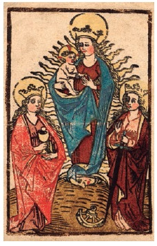 Anónimo, La Virgen y el Niño en gloria con santa Bárbara y santa Catalina,  xilografía coloreada, siglo XVLondres, British Museum. CC-BY-NCSA 4.0.