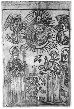 Anónimo, La Virgen y el Niño en gloria con tres agustinos, xilografía, siglo XV. Londres, Colección Fotográfica Warburg Institute.
