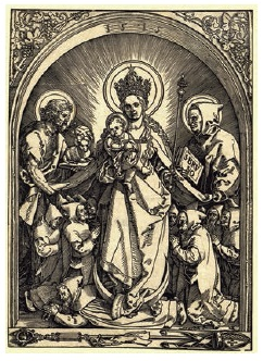 Alberto Durero, La Virgen coronada con cetro y Niño sobre luna creciente, rodeada por monjes cartujos, san Juan Bautista y san Bruno,  xilografía, 1515Londres, British Museum. CC-BY-NCSA 4.0.